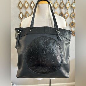 Black Leather Tote Bag with Embossed Circle Detail
